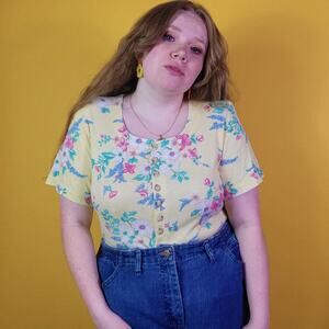 Vintage 70s 80s Pastel Yellow Floral Blouse, S